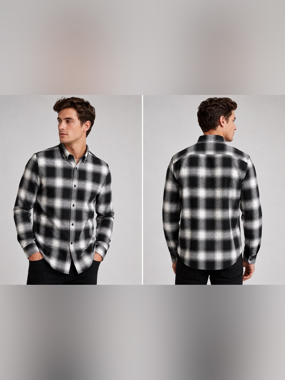 Express Plaid Button-Down Shirt Medium Black Gray White Stretch Soft Casual